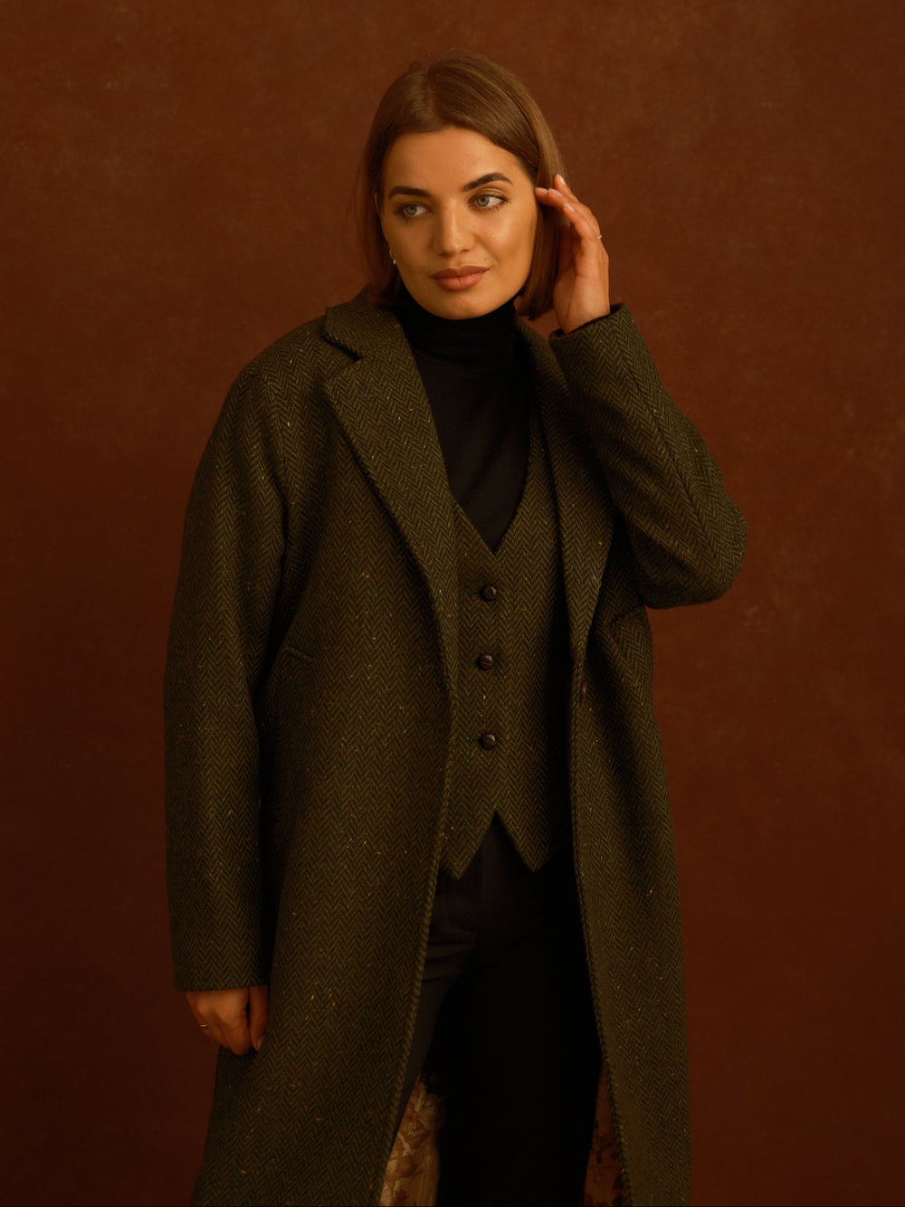 Green Herringbone City Coat