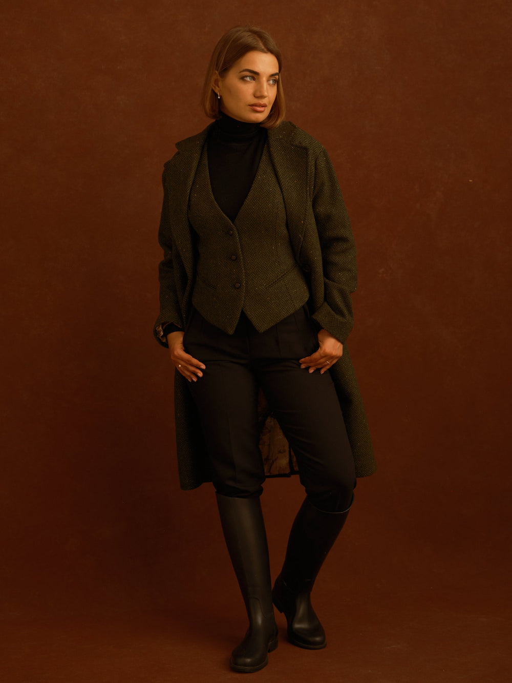 Green Herringbone City Coat