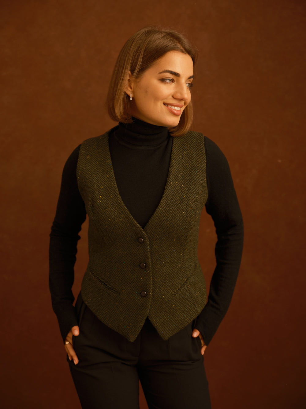 Women's Green Tweed Herringbone Waistcoat