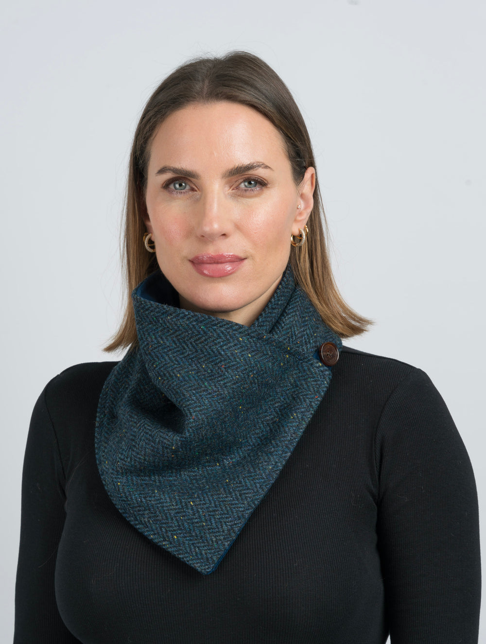 Blue Herringbone Tweed Snood Scarf with Reversible Velvet