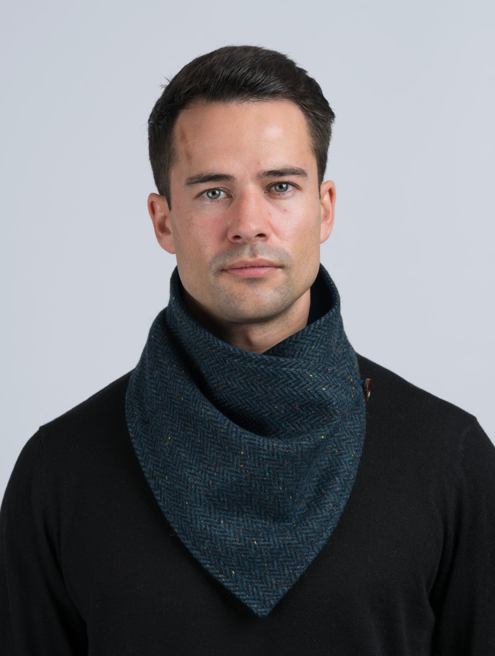 Blue Herringbone Tweed Snood Scarf with Reversible Velvet