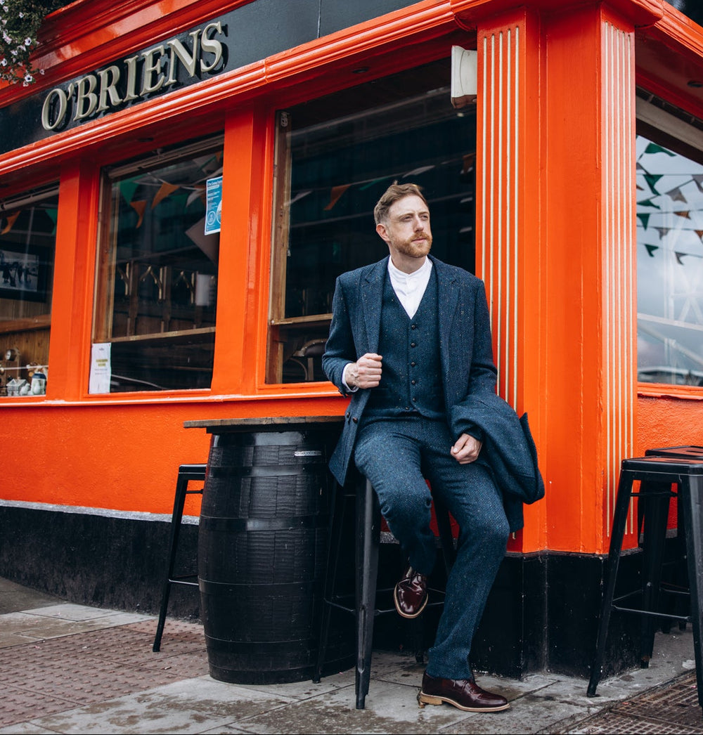 Blue Herringbone Tweed Three Piece Suit