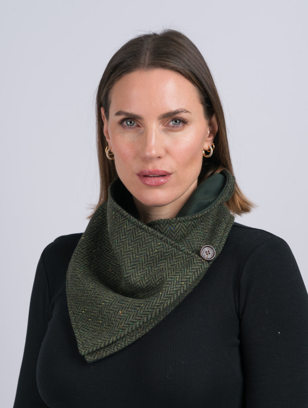 Green Herringbone Tweed Snood Scarf with Reversible Velvet