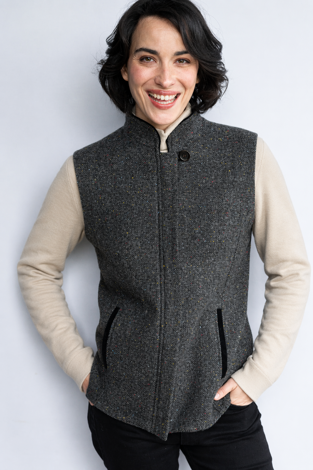 Women's Smoke Herringbone Tweed Bodywarmer With Moleskin Trims