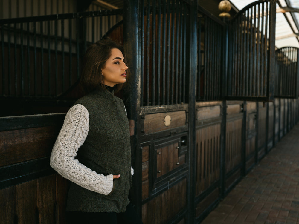 The Constance Moss Green Tweed Jacket With Natural Cable Knit Sleeve