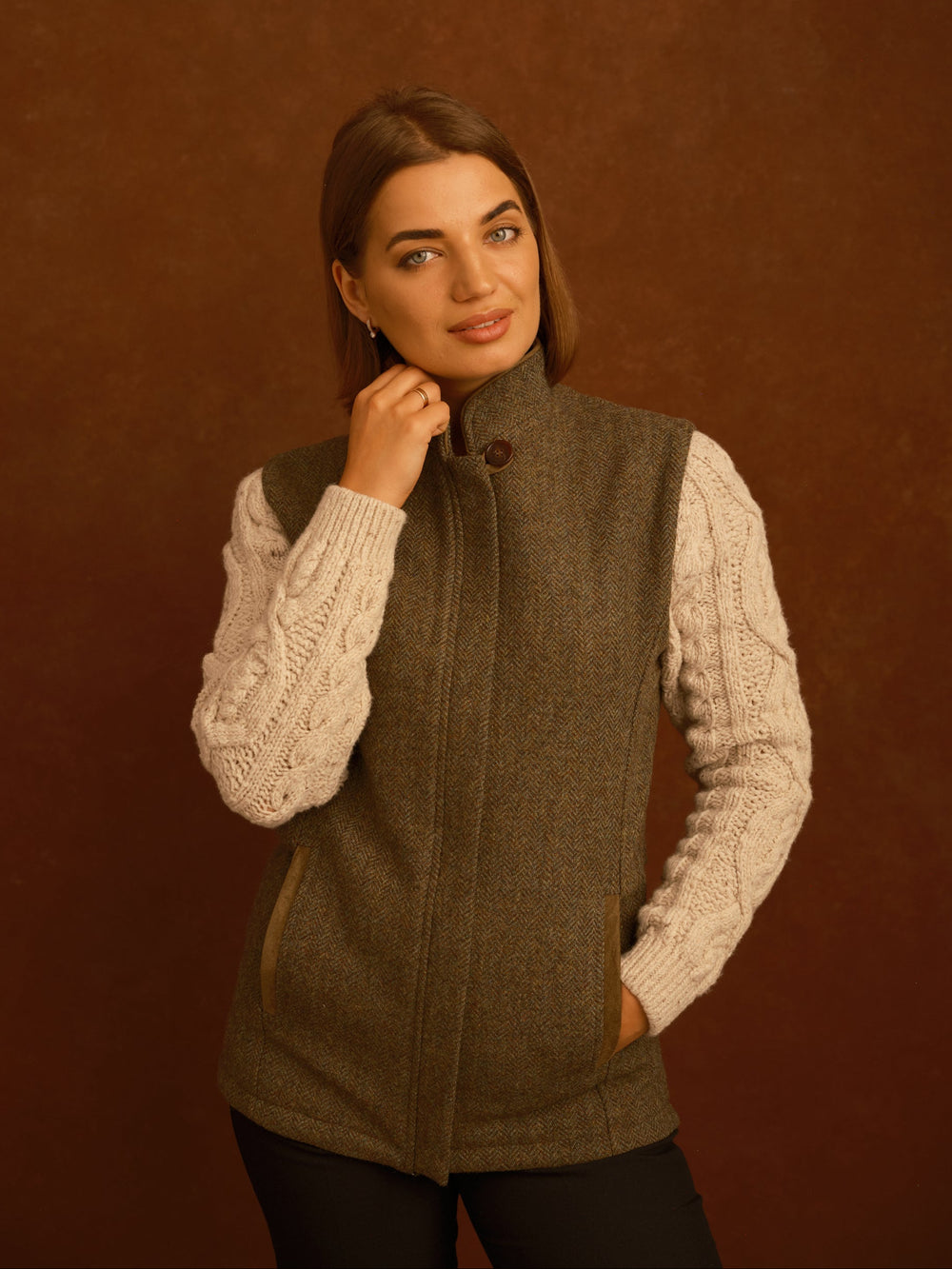 The Constance Moss Green Tweed Jacket With Natural Cable Knit Sleeve