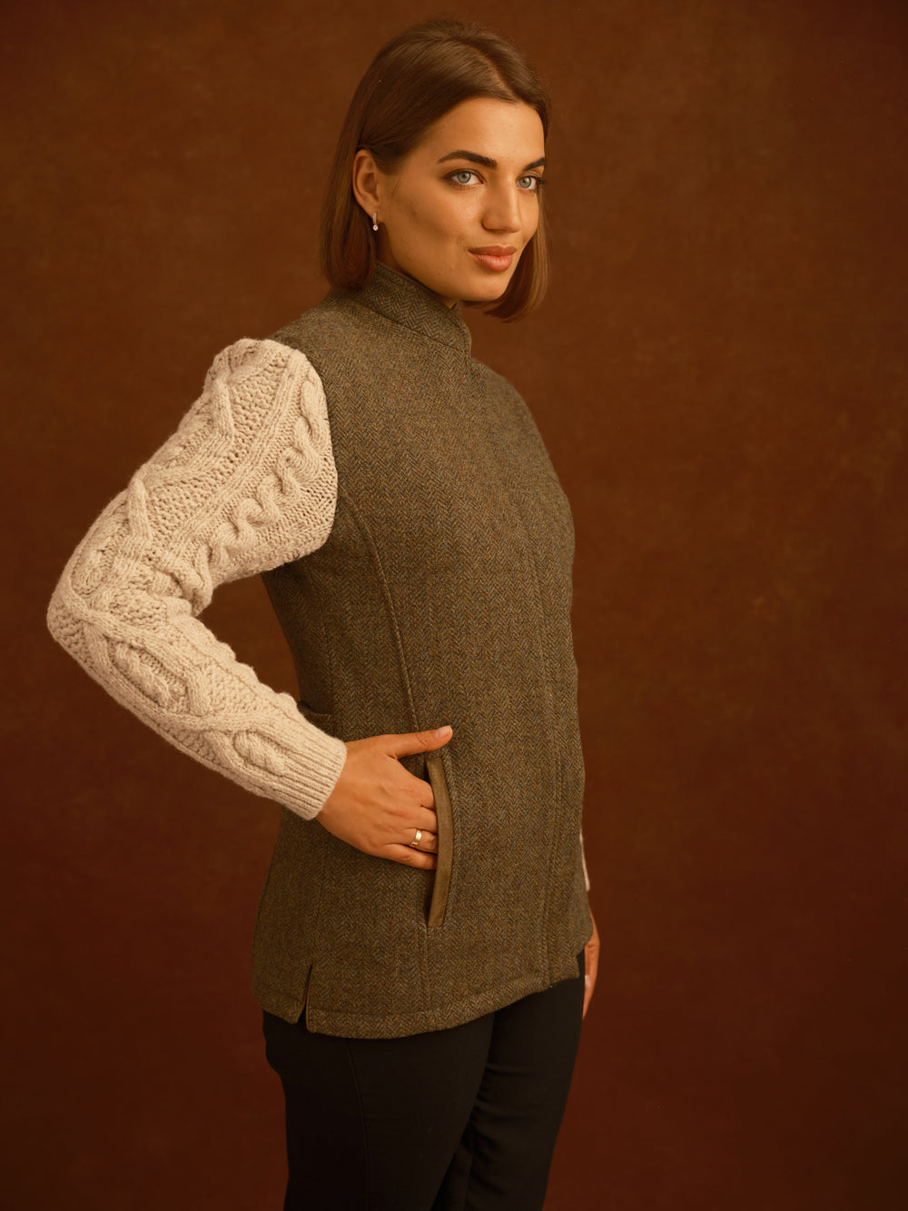 The Constance Moss Green Tweed Jacket With Natural Cable Knit Sleeve