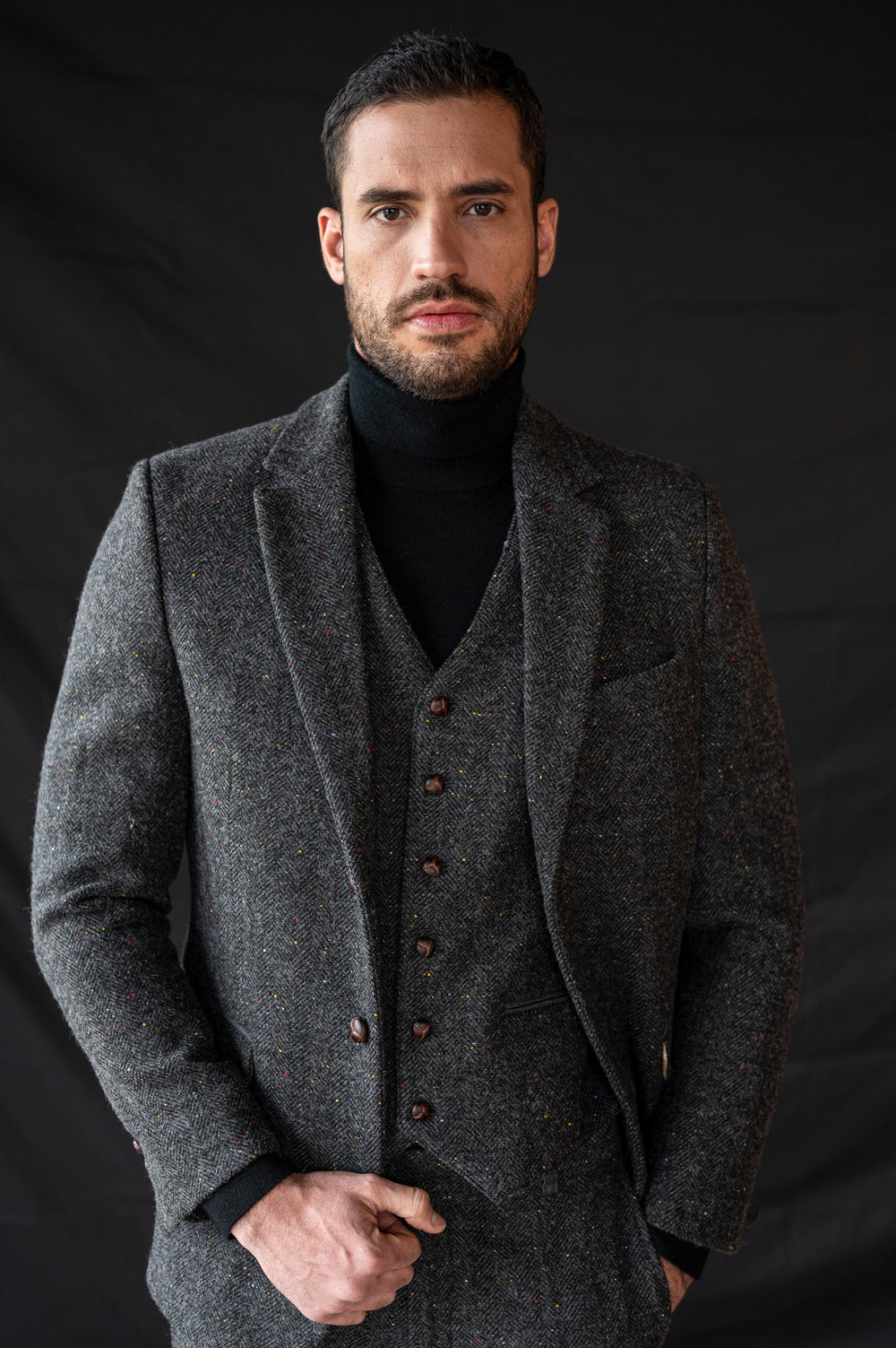 Smoke Grey Herringbone Tweed Jacket with Moleskin Trim