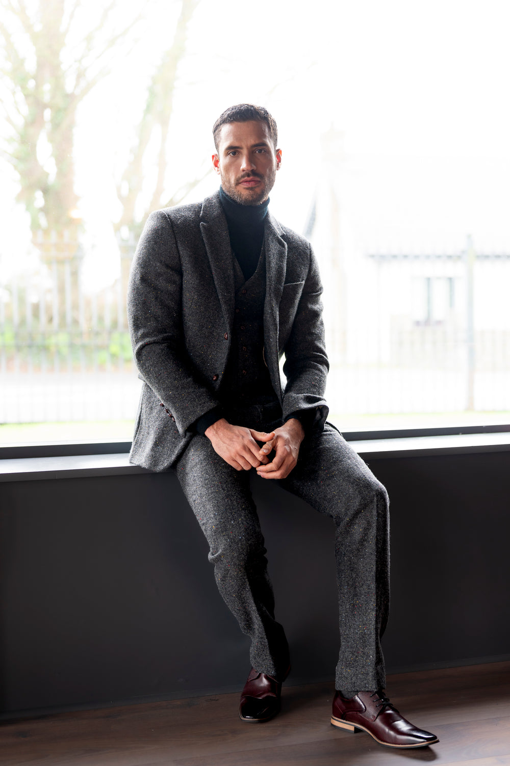 Men's Smoke Grey Herringbone Tweed Trousers & Pants