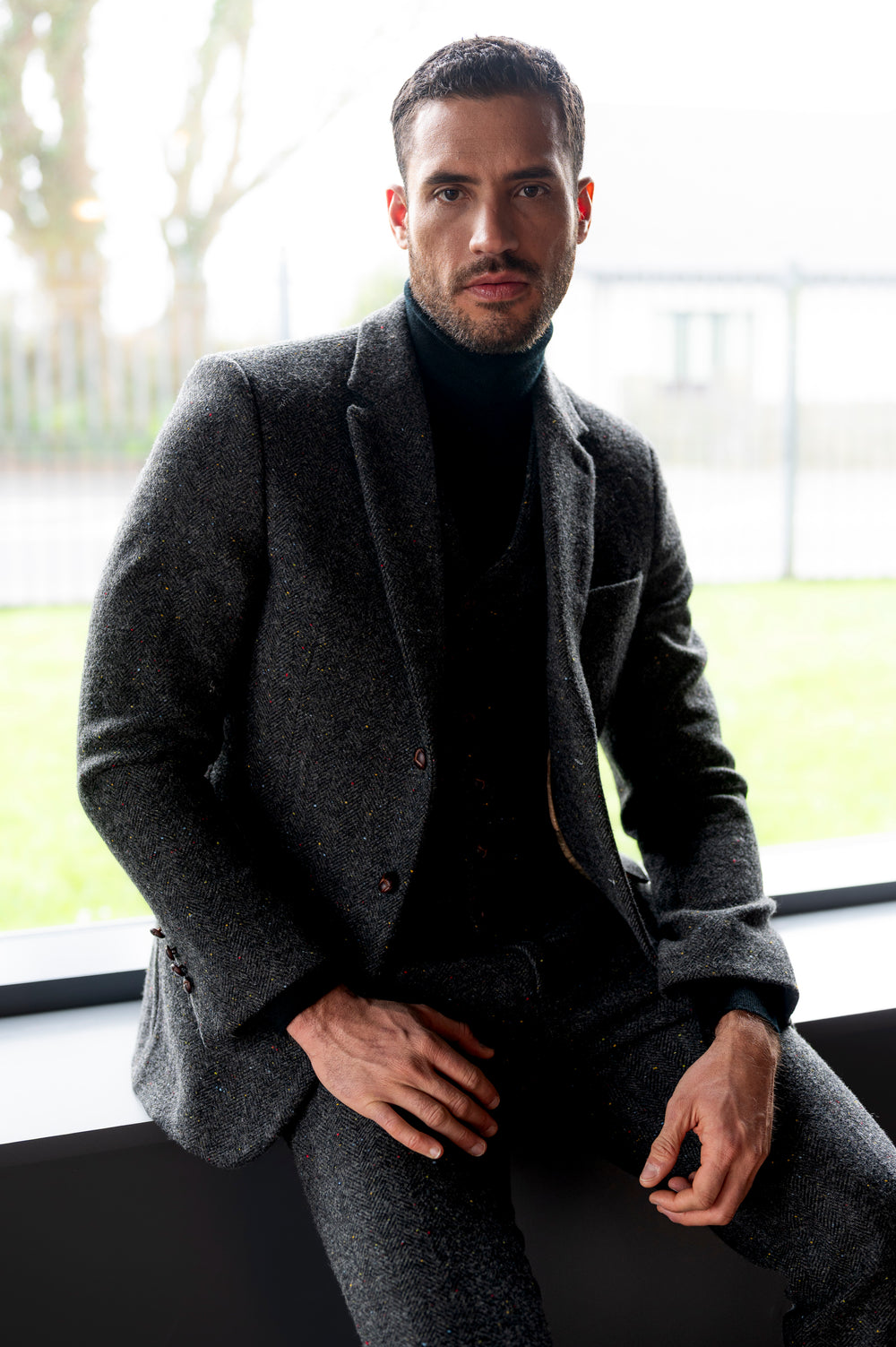 Smoke Grey Herringbone Tweed Jacket with Moleskin Trim