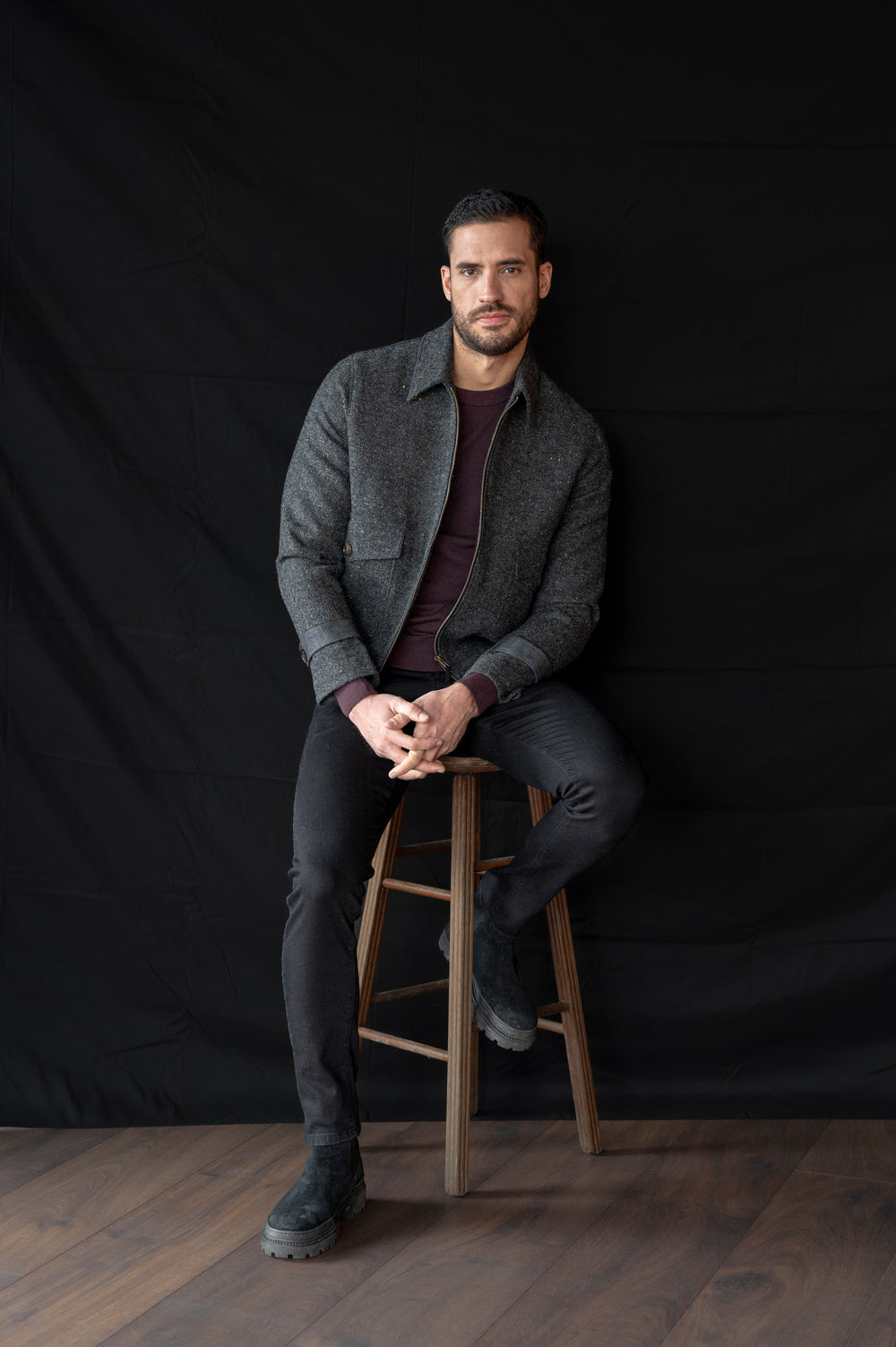 Smoke Grey Herringbone Tweed Aviator Jacket