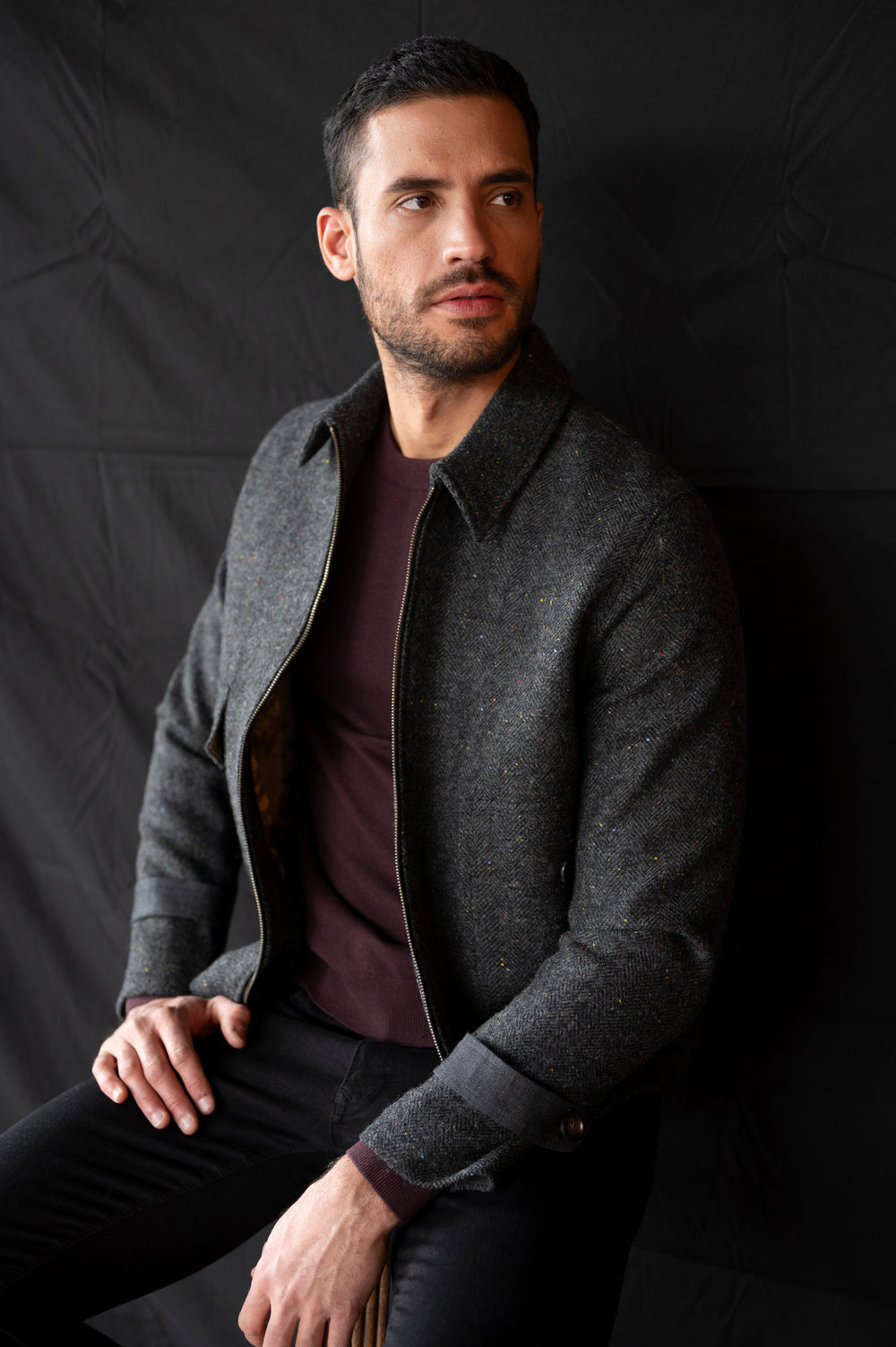 Smoke Grey Herringbone Tweed Aviator Jacket