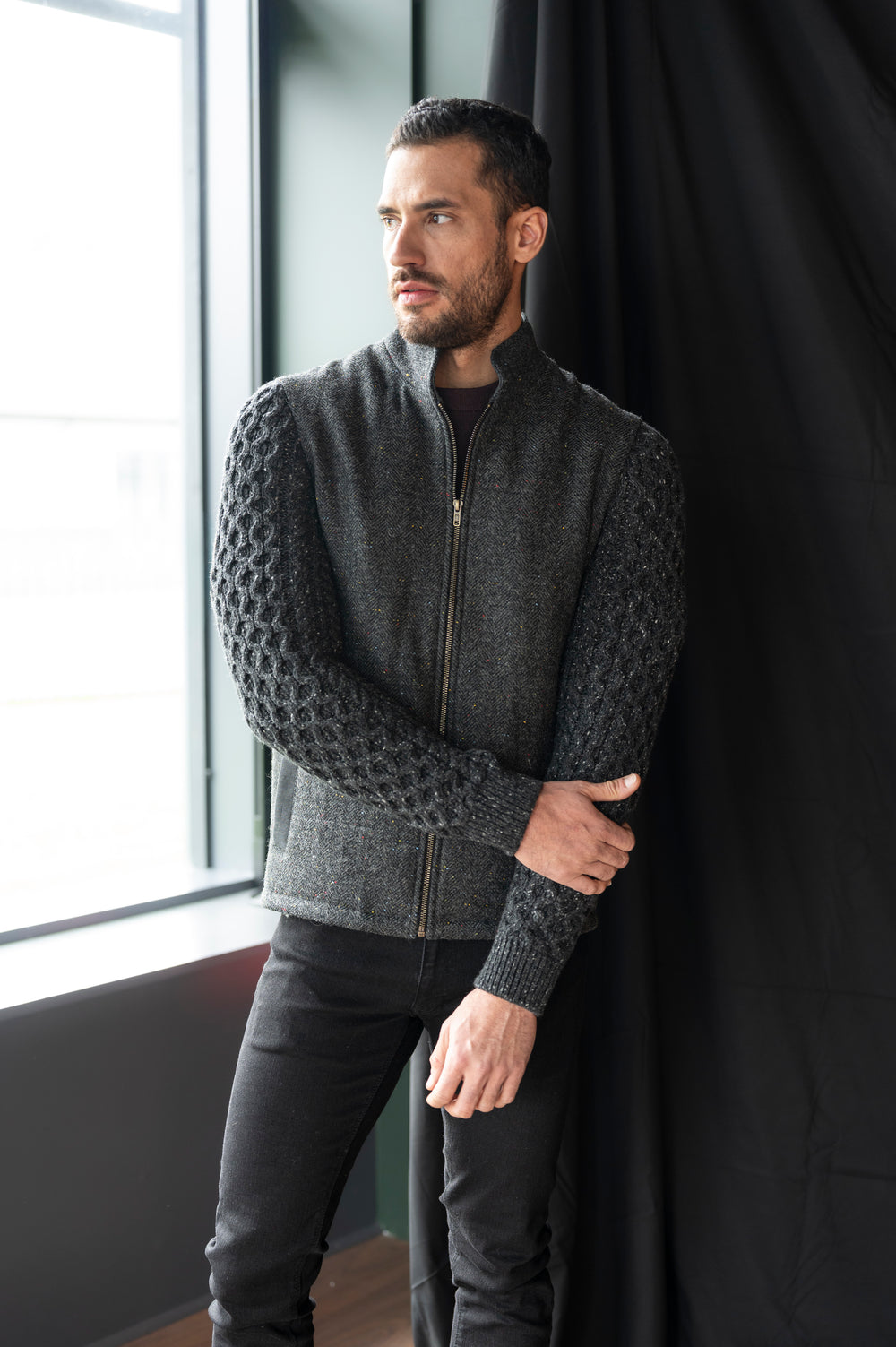 Smoke Herringbone Tweed Shackleton Jacket with Charcoal Cable Knit Sleeve and Linen Trim