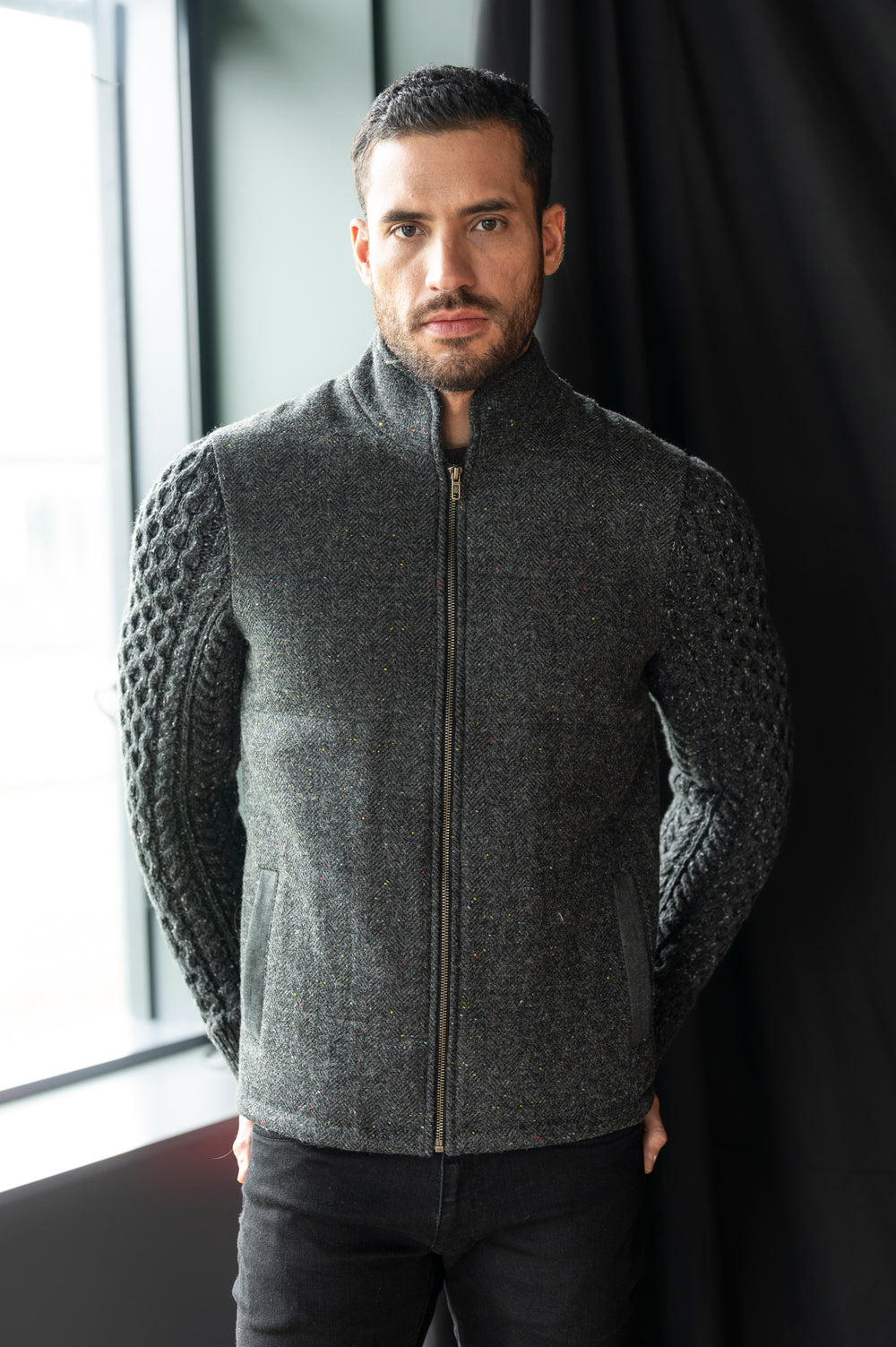 Smoke Grey Herringbone Tweed Shackleton Jacket with Charcoal Cable Knit Sleeve and Leather Trim
