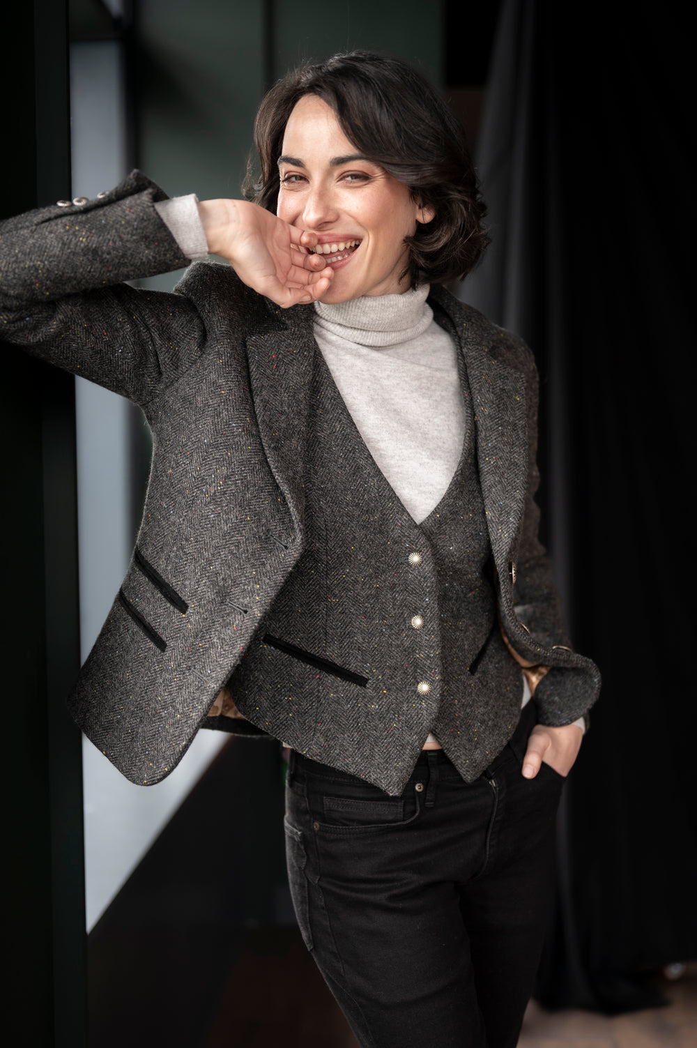 Women's Smoke Grey Herringbone Tweed Waistcoat & Vest