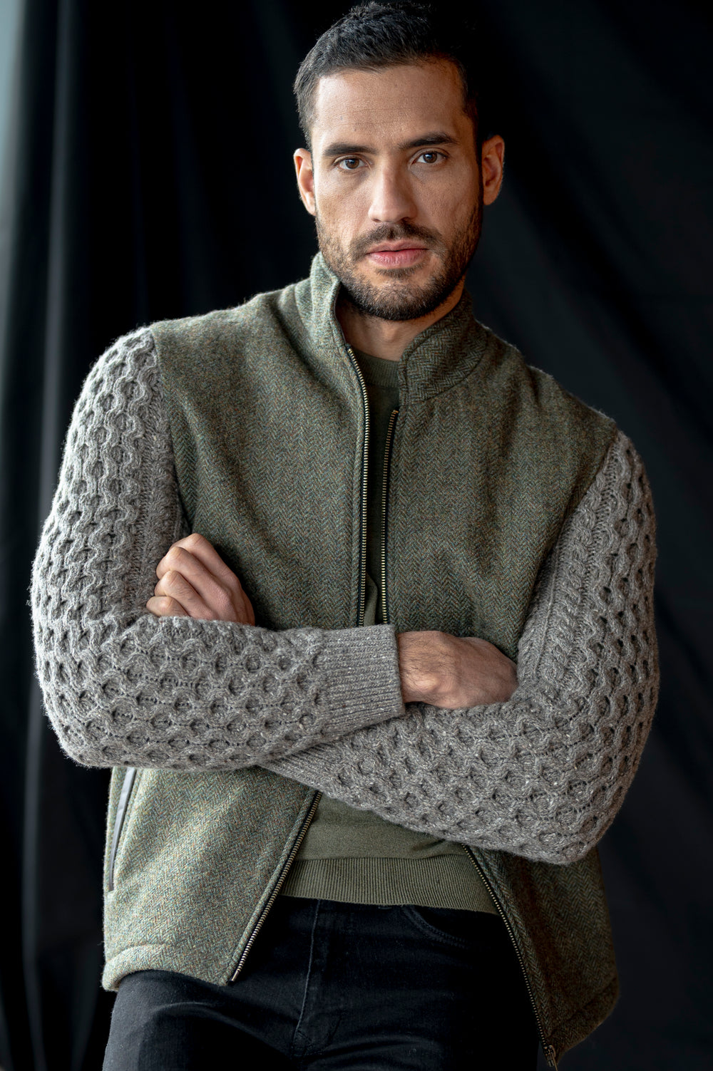 Moss Green Shackleton Jacket With Rocky Road Cable Knit Sleeve