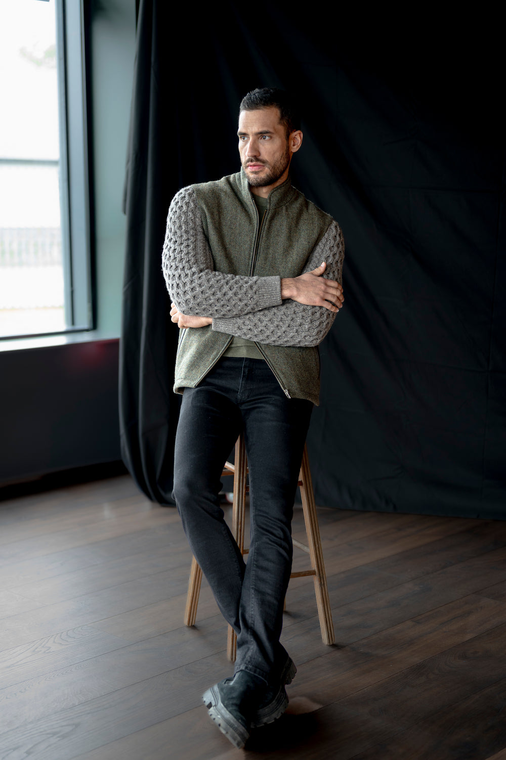 Moss Green Shackleton Jacket With Rocky Road Cable Knit Sleeve