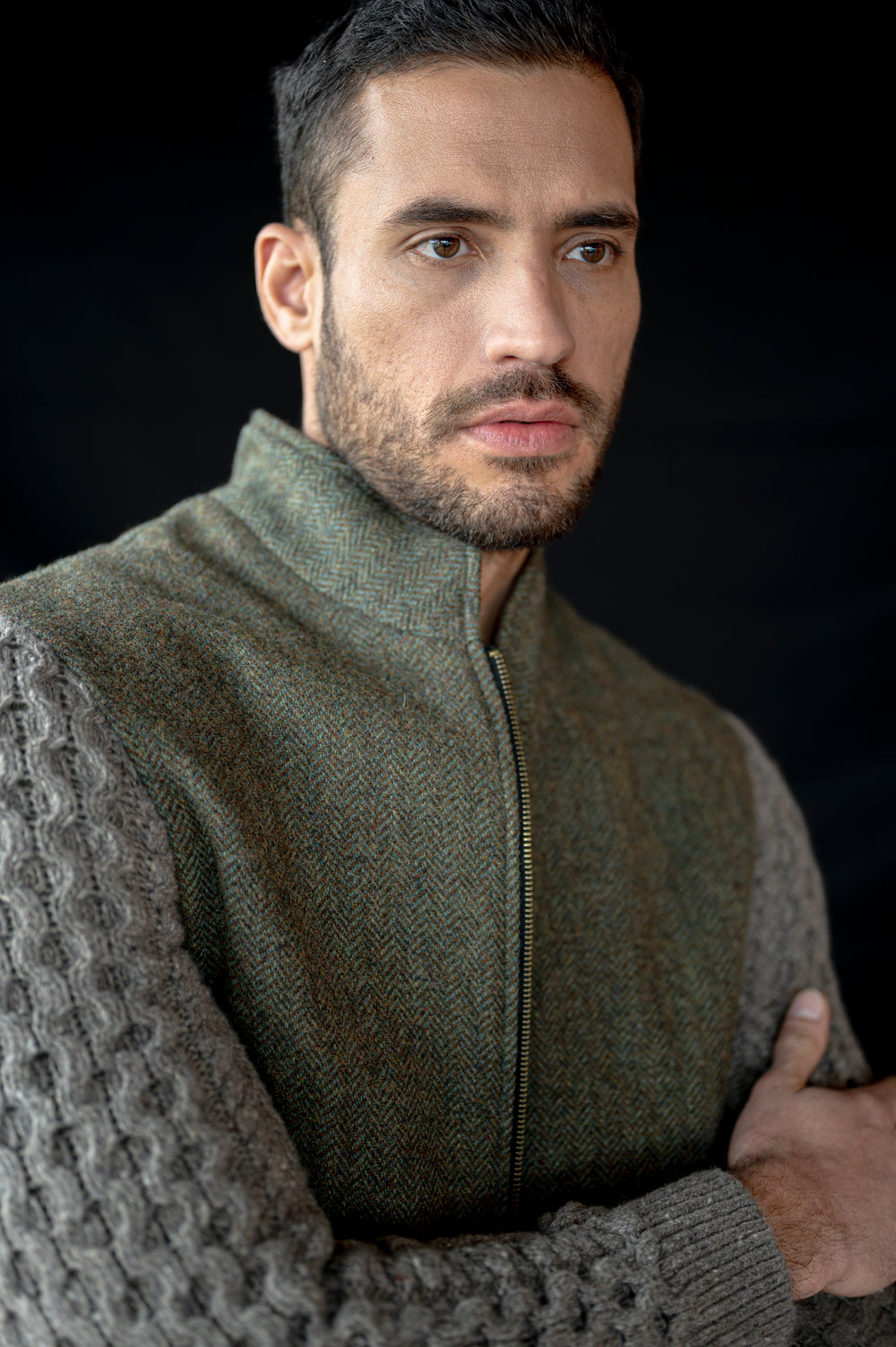 Moss Green Shackleton Jacket With Rocky Road Cable Knit Sleeve