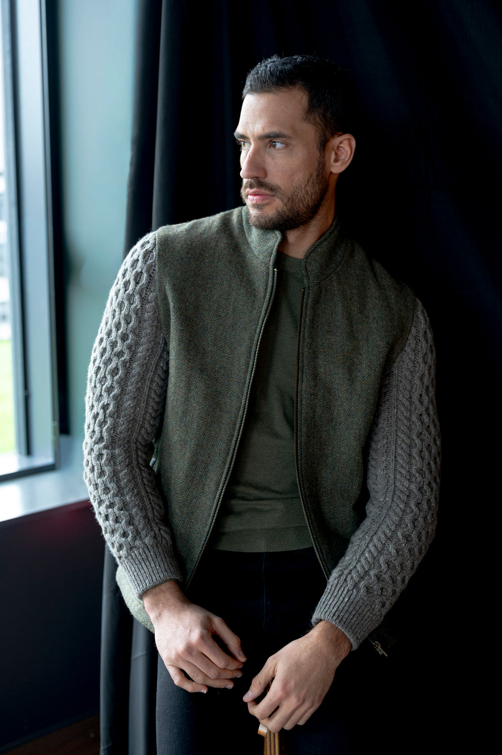 Moss Green Shackleton Jacket With Rocky Road Cable Knit Sleeve