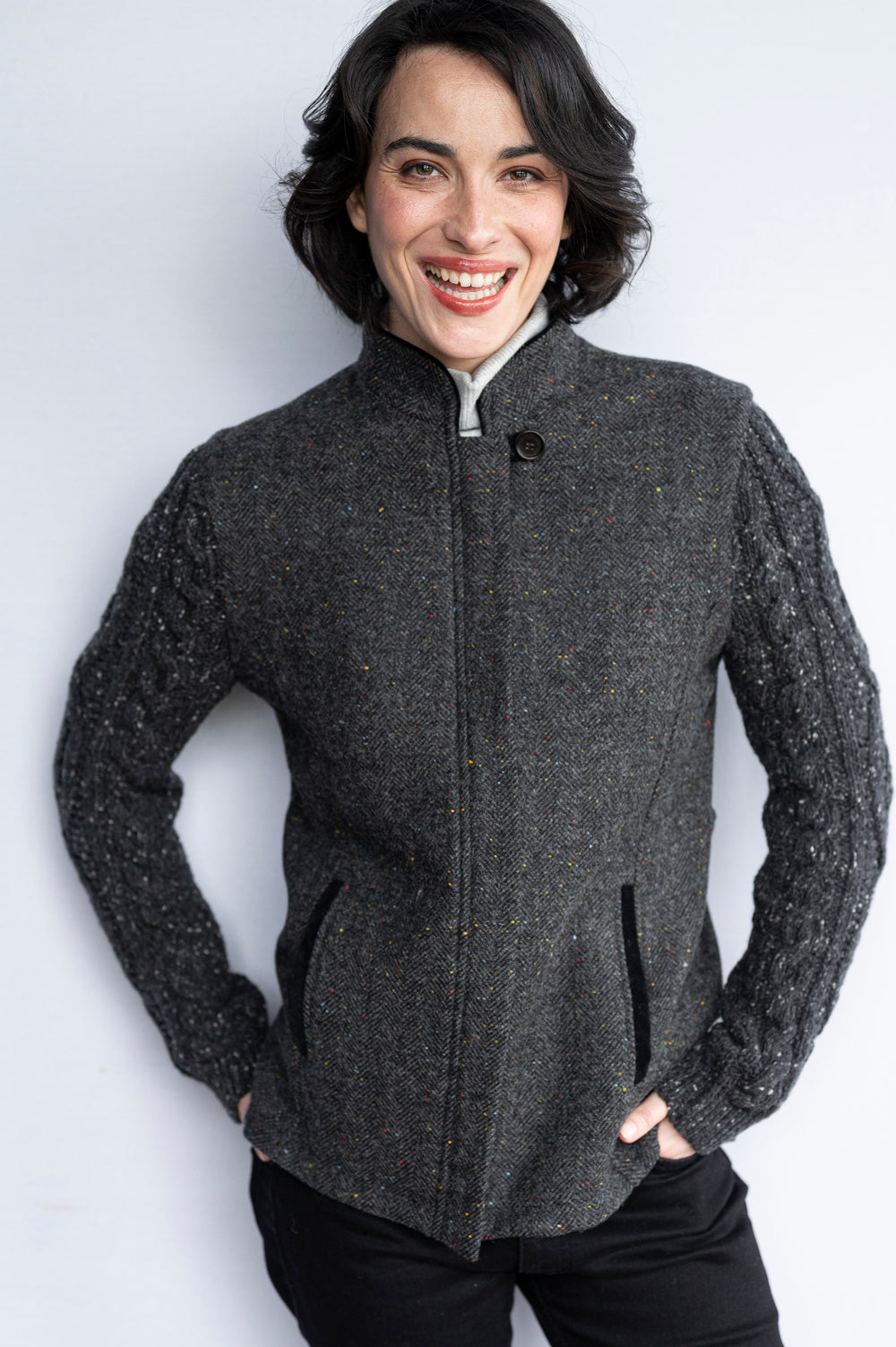 The Constance Smoke Grey Herringbone Tweed Jacket With Charcoal Cable Knit Sleeve