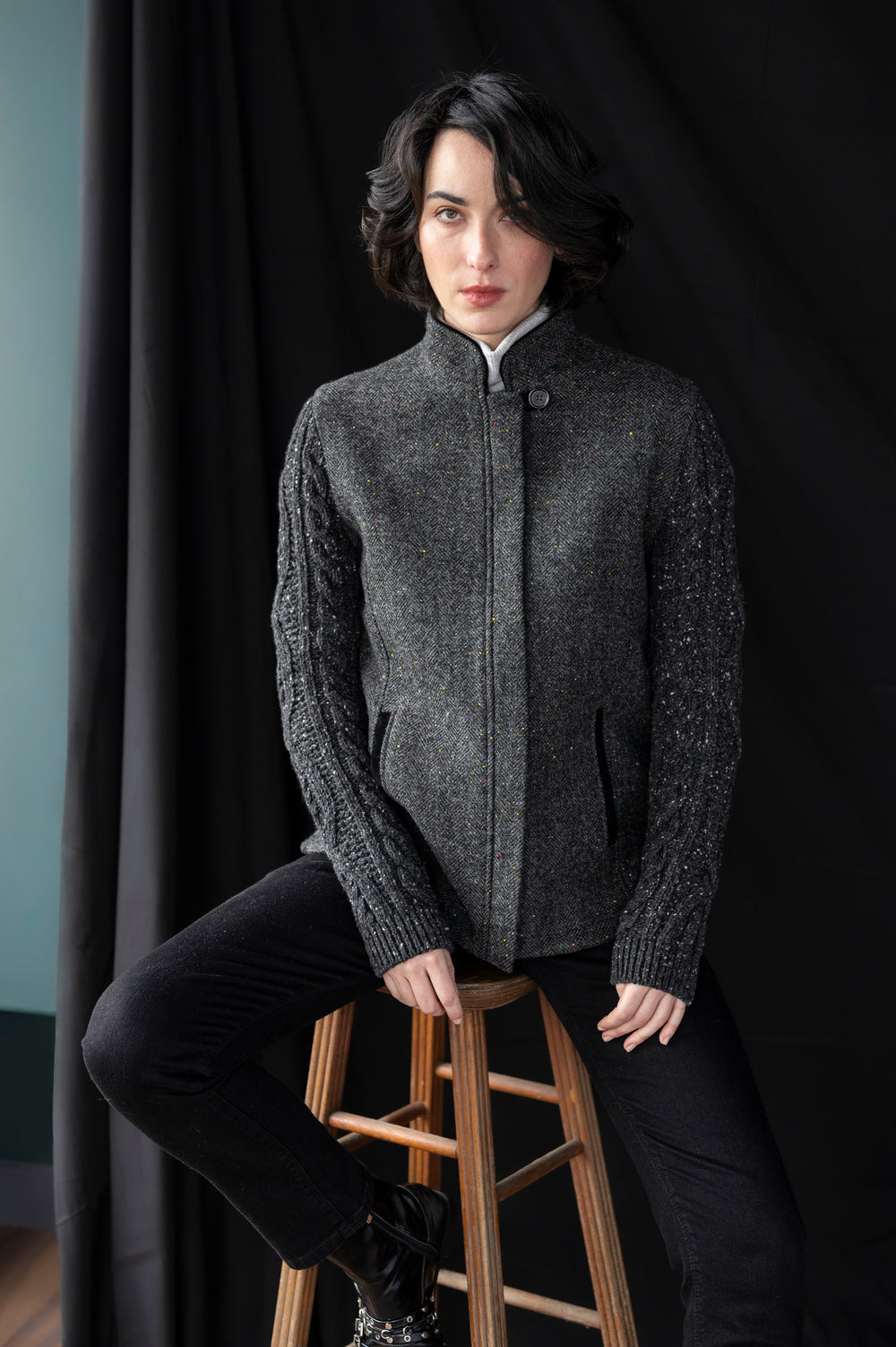 The Constance Smoke Grey Herringbone Tweed Jacket With Charcoal Cable Knit Sleeve