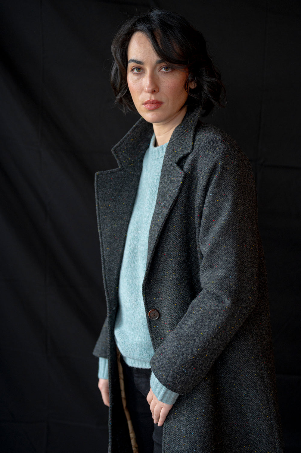 Women's Smoke Grey Herringbone Tweed City Coat