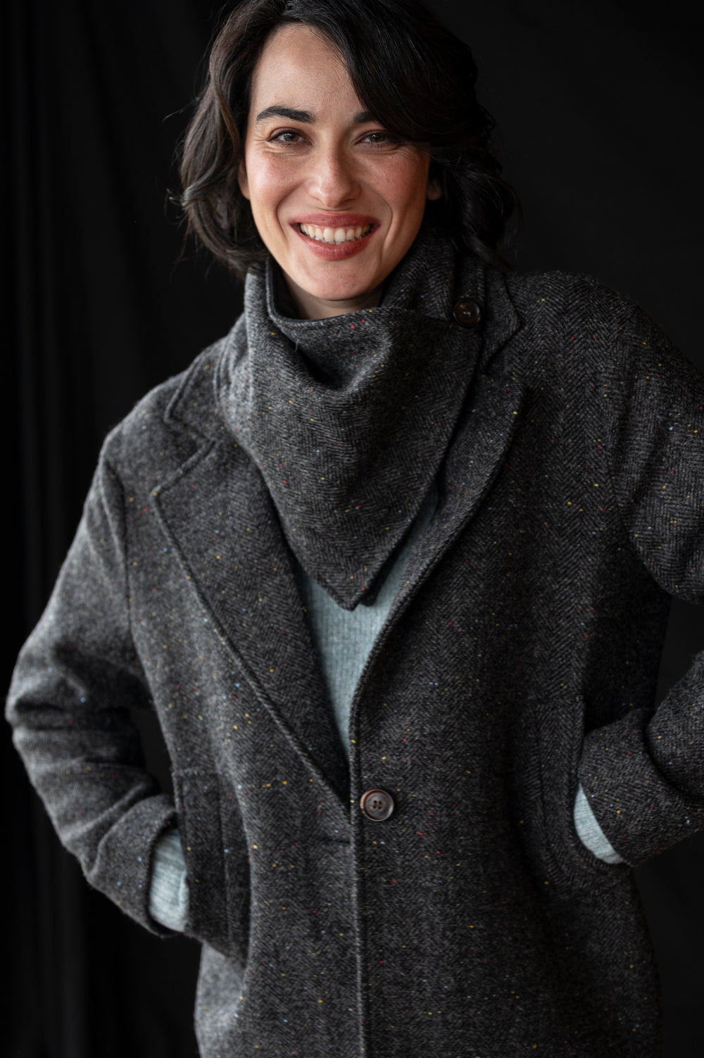 Smoke Grey Herringbone Snood Scarf with Reversable Velvet