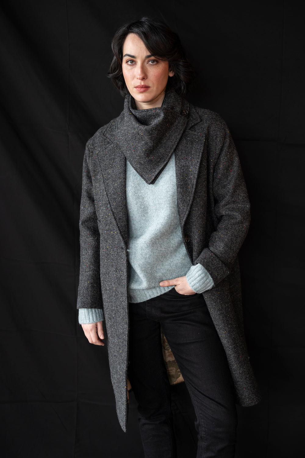 Smoke Grey Herringbone Snood Scarf with Reversable Velvet