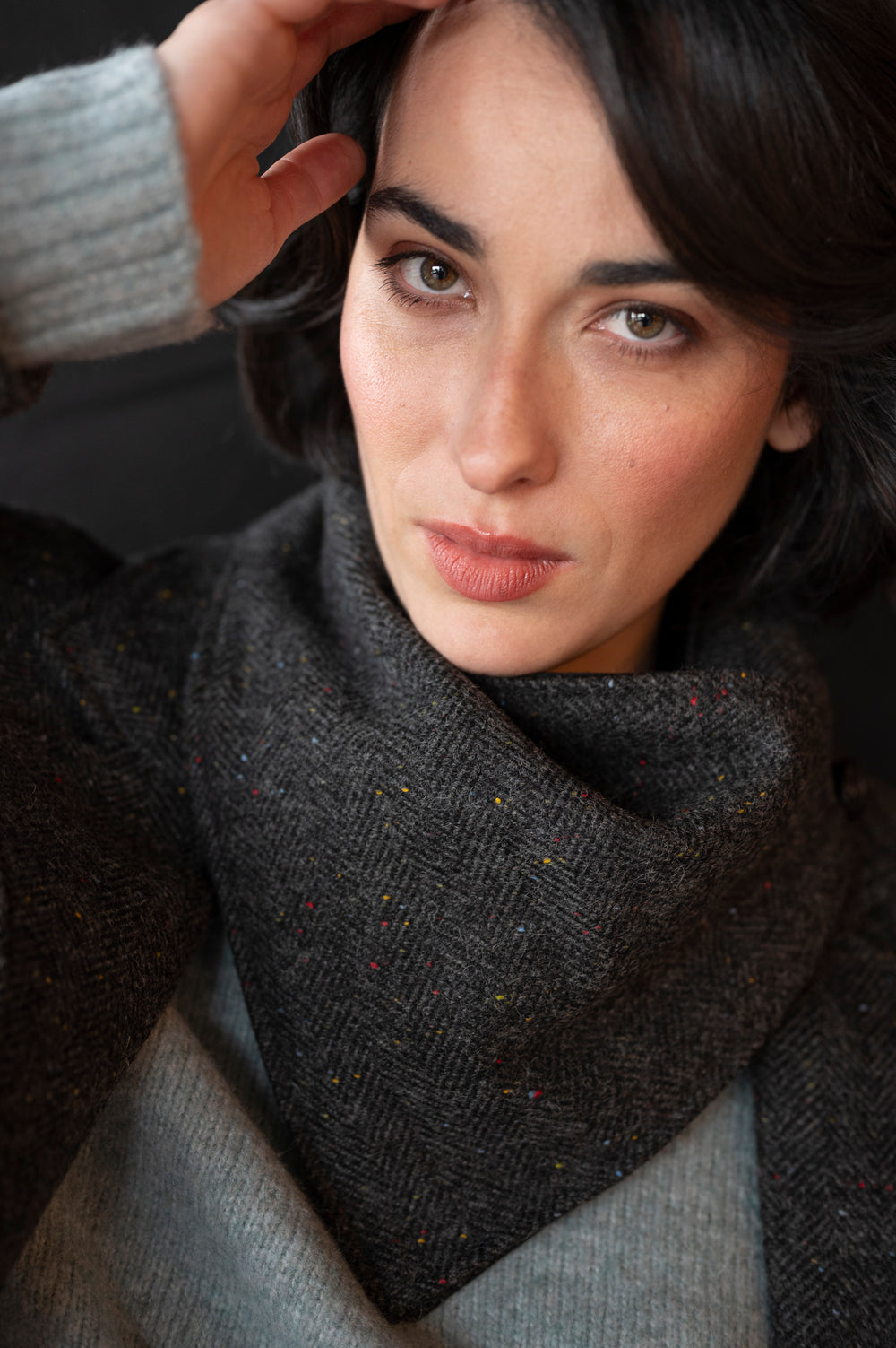 Smoke Grey Herringbone Snood Scarf with Reversable Velvet