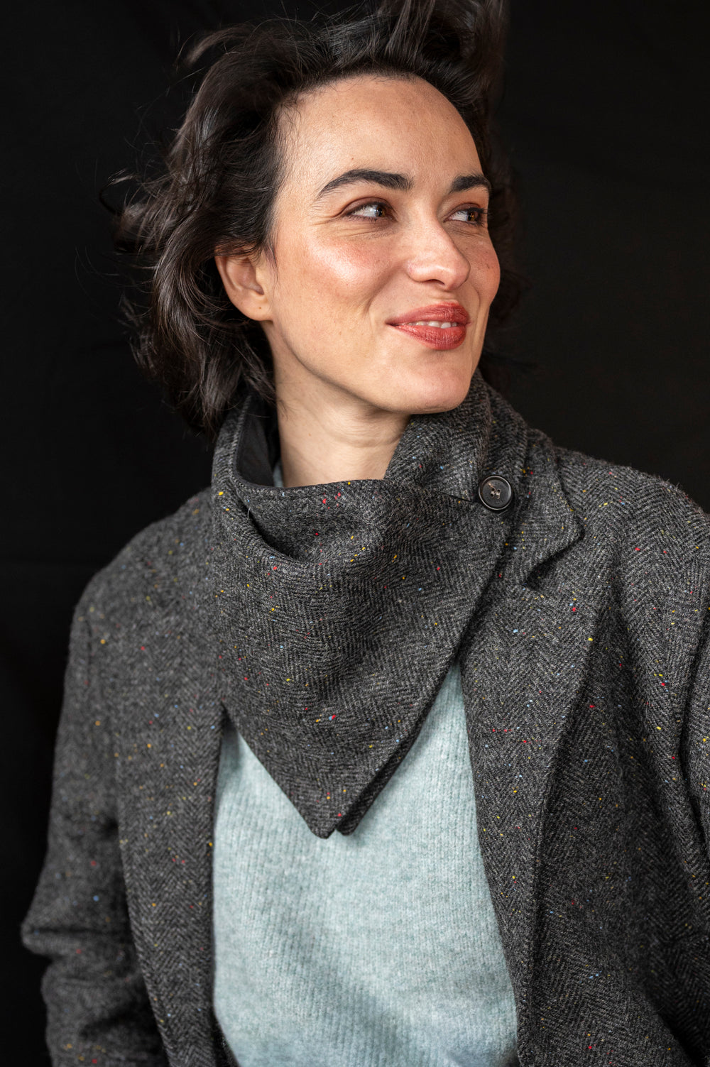 Smoke Grey Herringbone Snood Scarf with Reversable Velvet