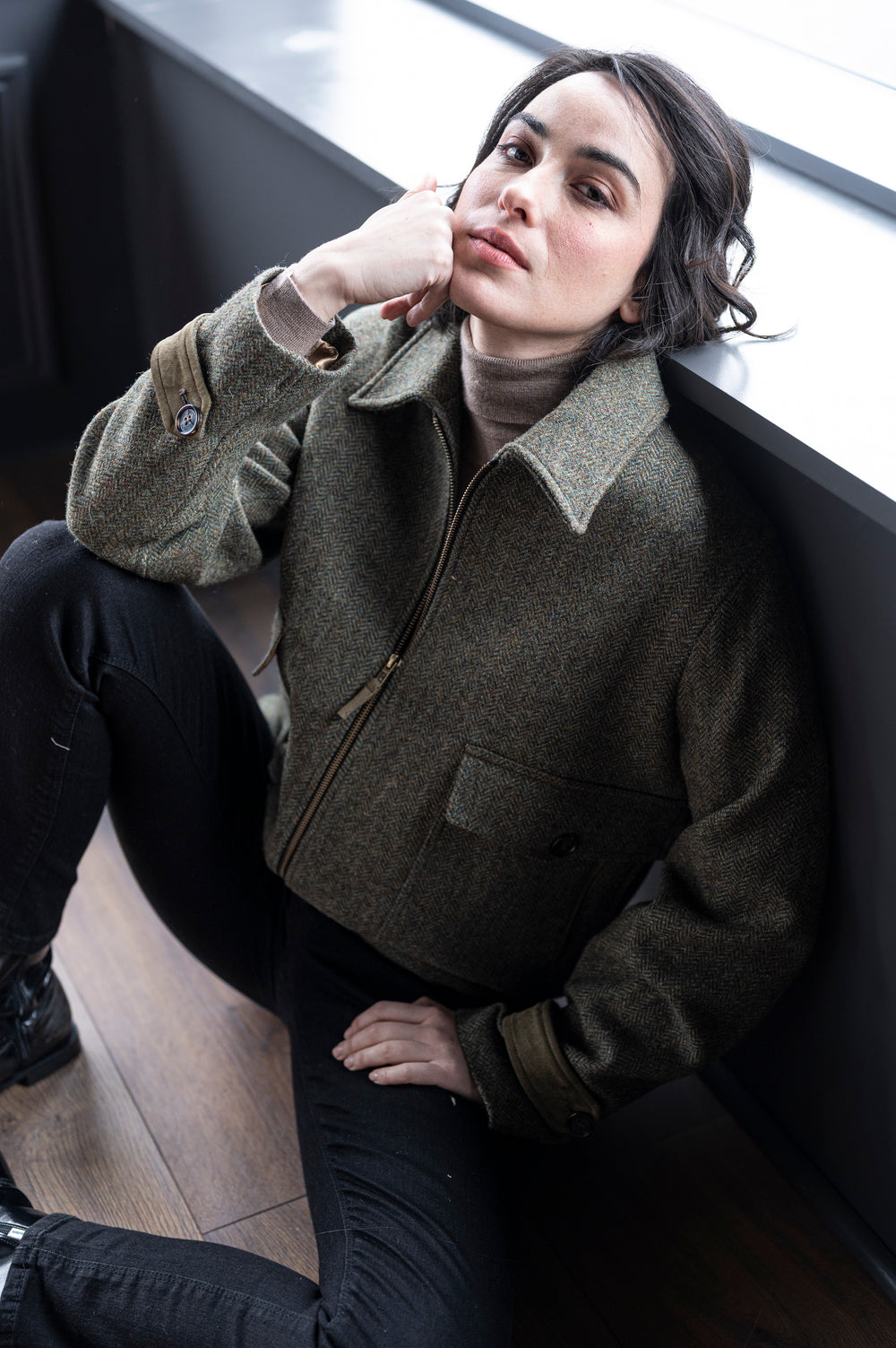 Women's Moss Green Tweed Aviator Jacket