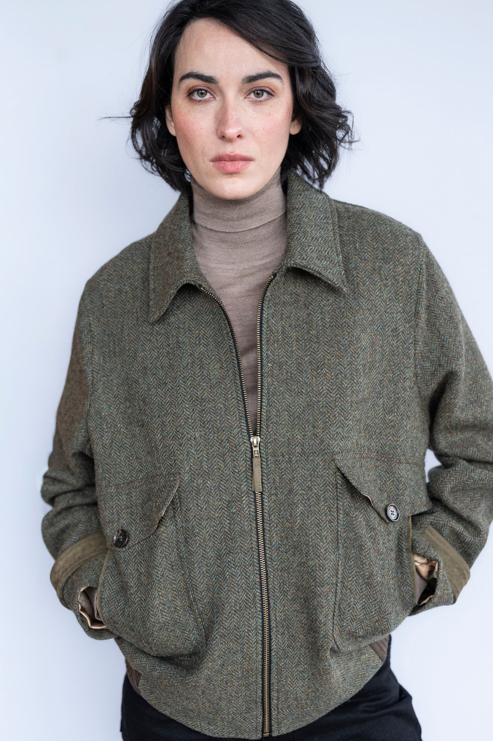 Women's Moss Green Tweed Aviator Jacket