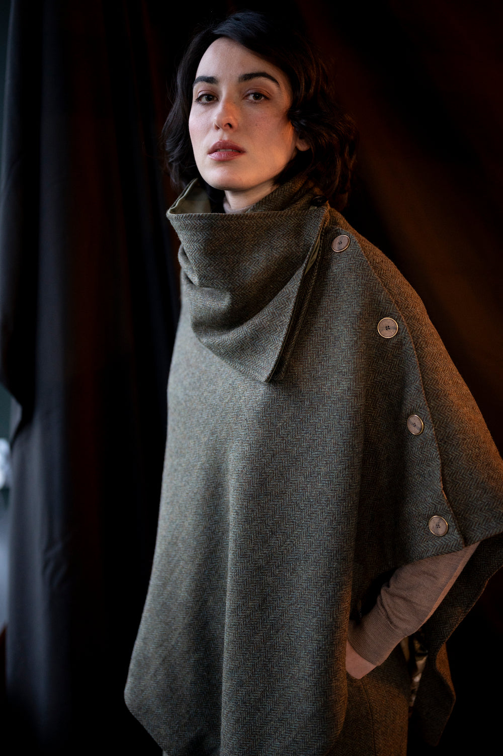Moss Green Tweed Snood Scarf With Reversible Velvet
