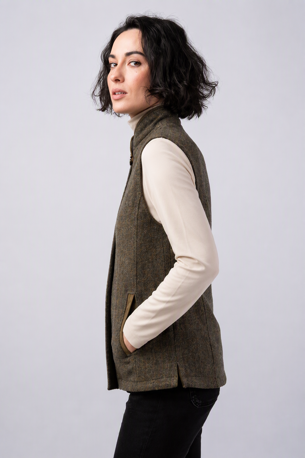 Women's Moss Tweed Bodywarmer With Moleskin Trims