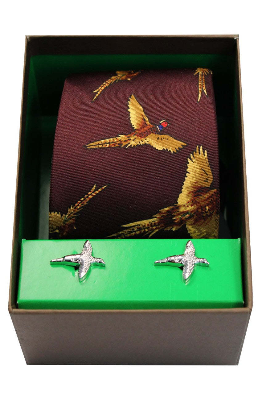 Wine Flying Pheasants Silk Tie & Cufflink Set