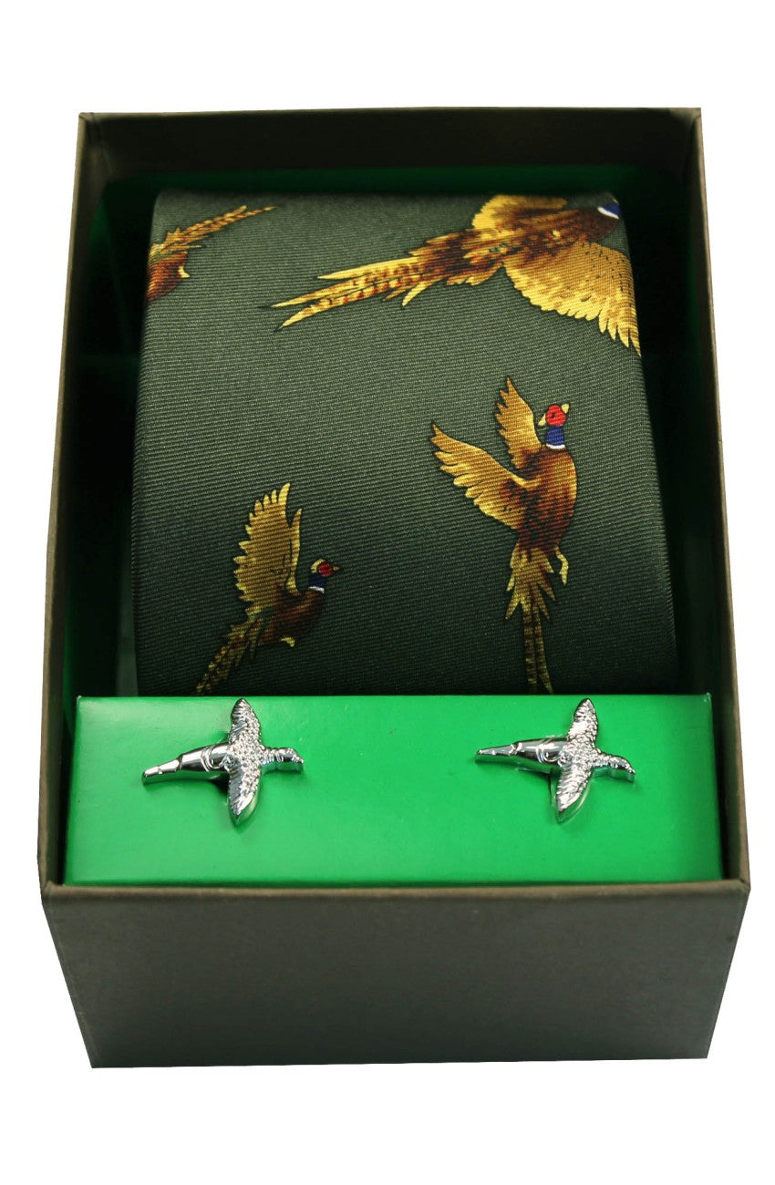 Green Flying Pheasants Silk Tie & Cufflink Set