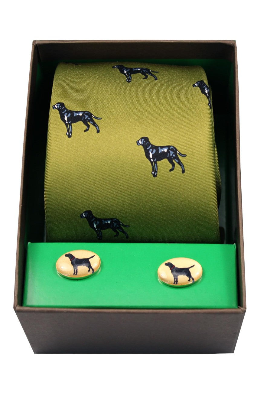 Black Labradors On Green Ground Tie & Cufflink Set