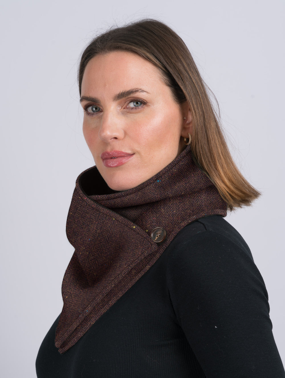 Brown Herringbone Tweed Snood with Reversible Velvet