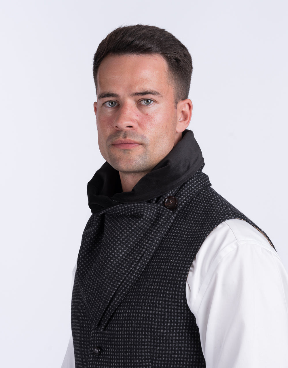 Schwarzer Tweed-Schal mit Karomuster und wendbarer schwarzer Samt-Schal