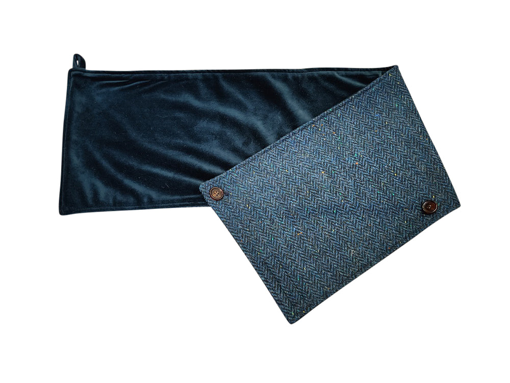 Blue Herringbone Tweed Snood Scarf with Reversible Velvet