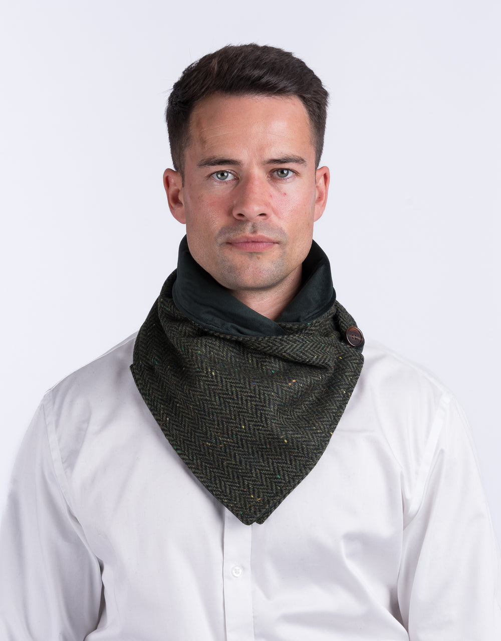 Green Herringbone Tweed Snood Scarf with Reversible Velvet