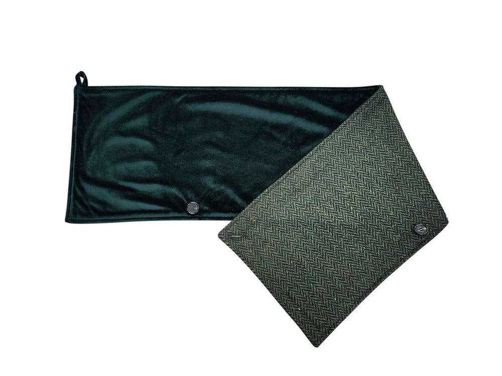 Green Herringbone Tweed Snood Scarf with Reversible Velvet