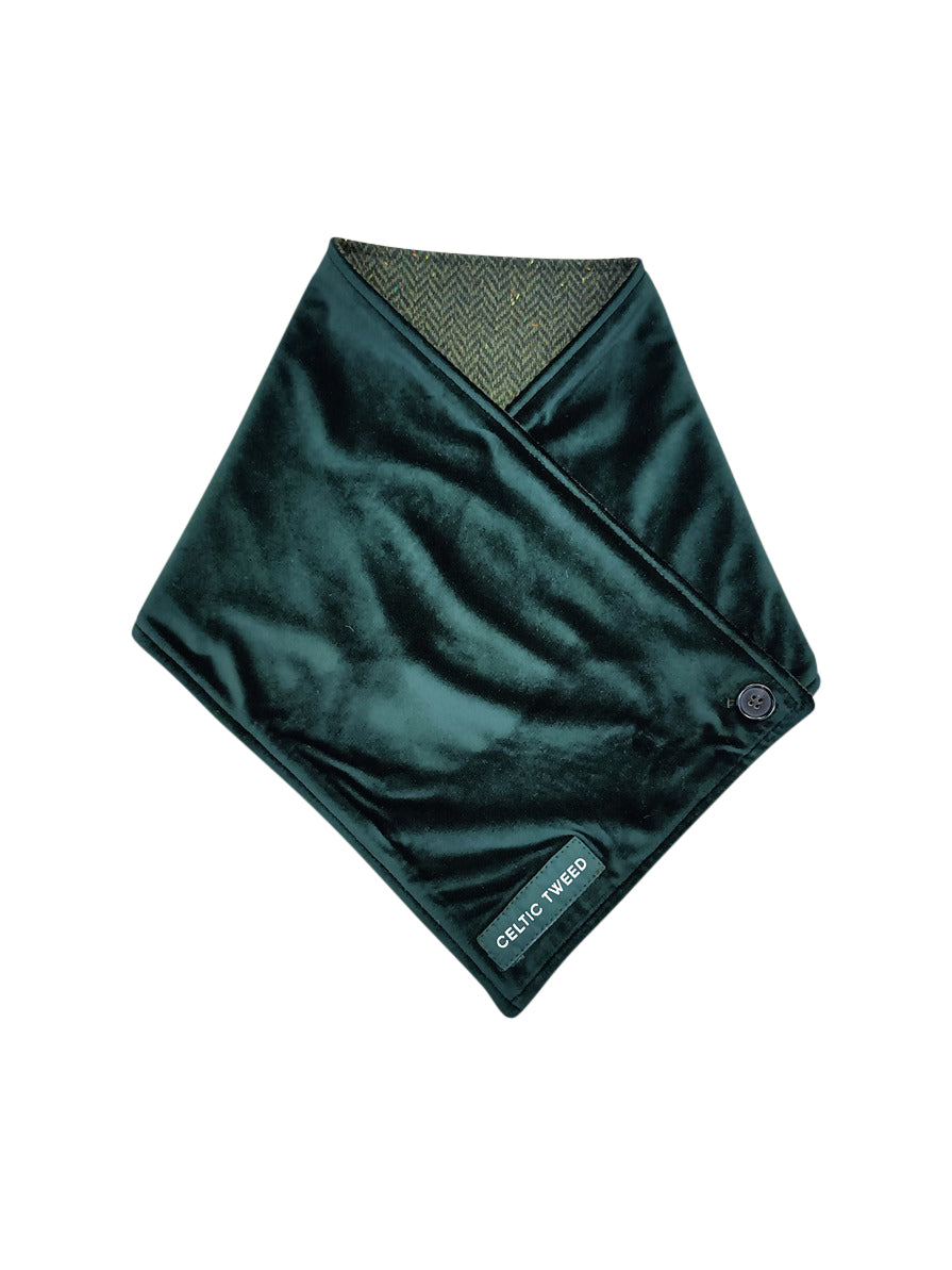 Green Herringbone Tweed Snood Scarf with Reversible Velvet