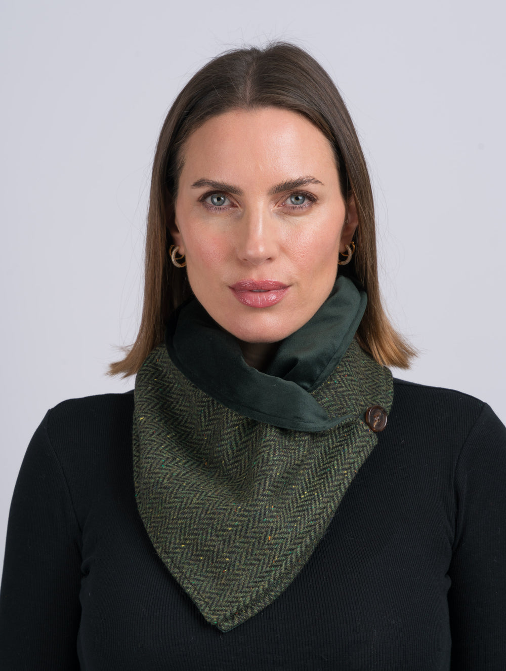 Écharpe tube en tweed à chevrons vert avec écharpe tube réversible en velours vert