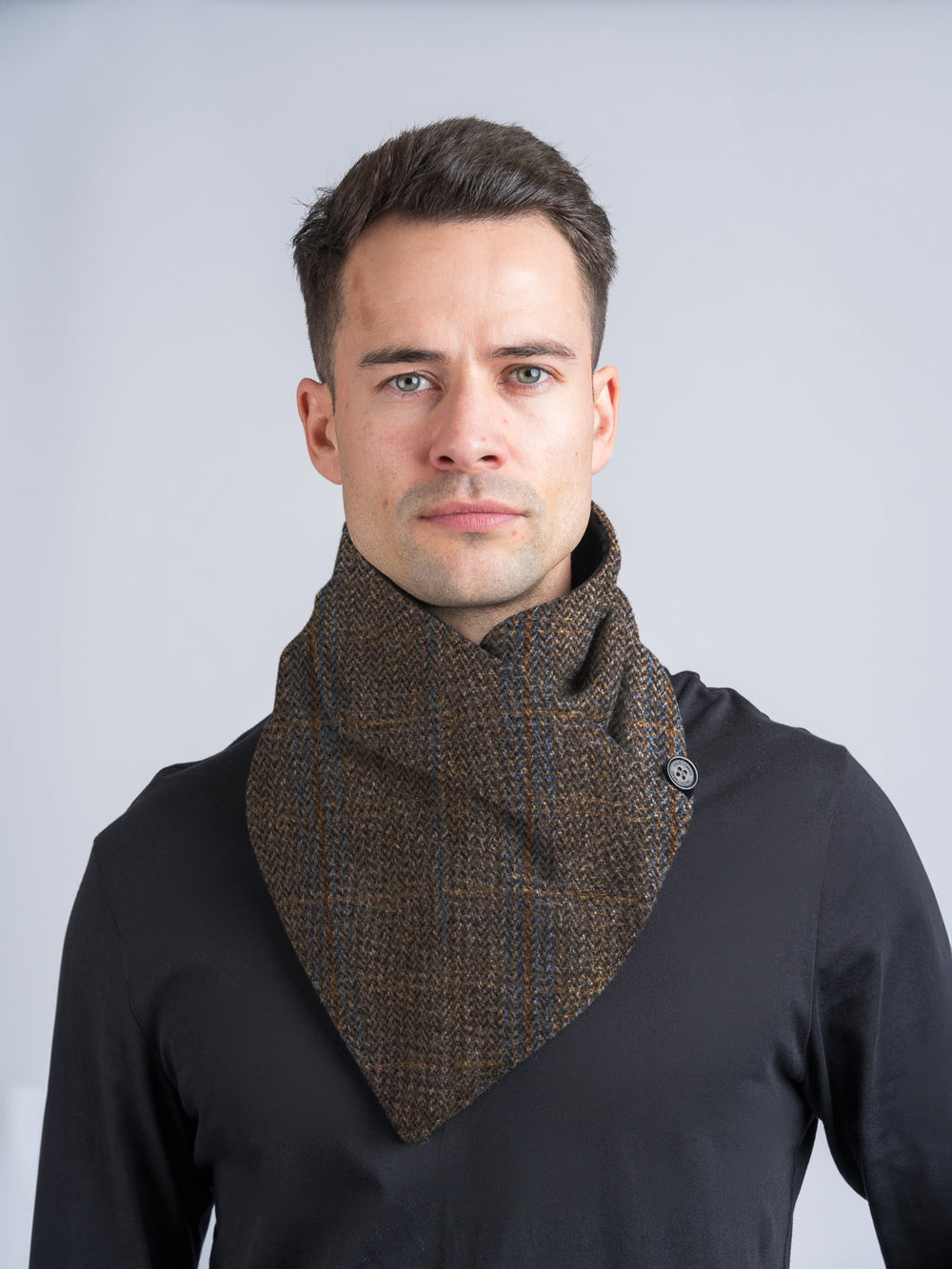 Brown Hunting Check Tweed Snood Scarf with Reversible Velvet
