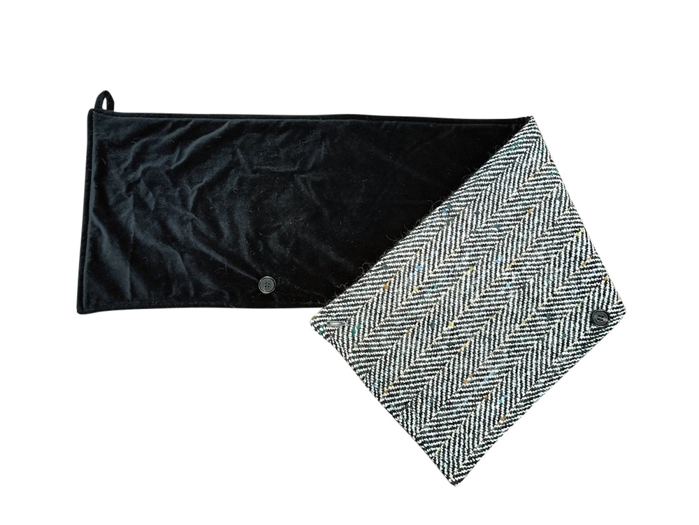 Black & White Herringbone Tweed  Snood Scarf With Reversible Velvet