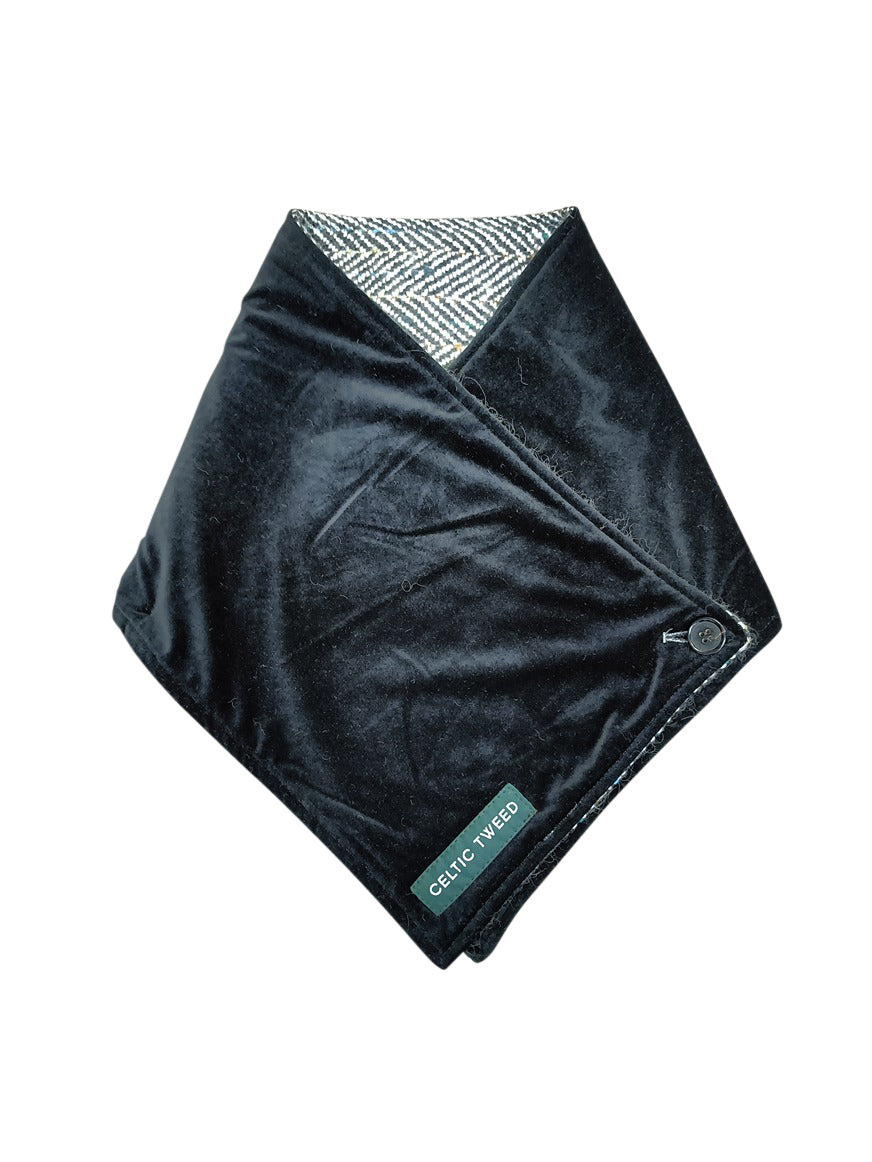 Black & White Herringbone Tweed  Snood Scarf With Reversible Velvet