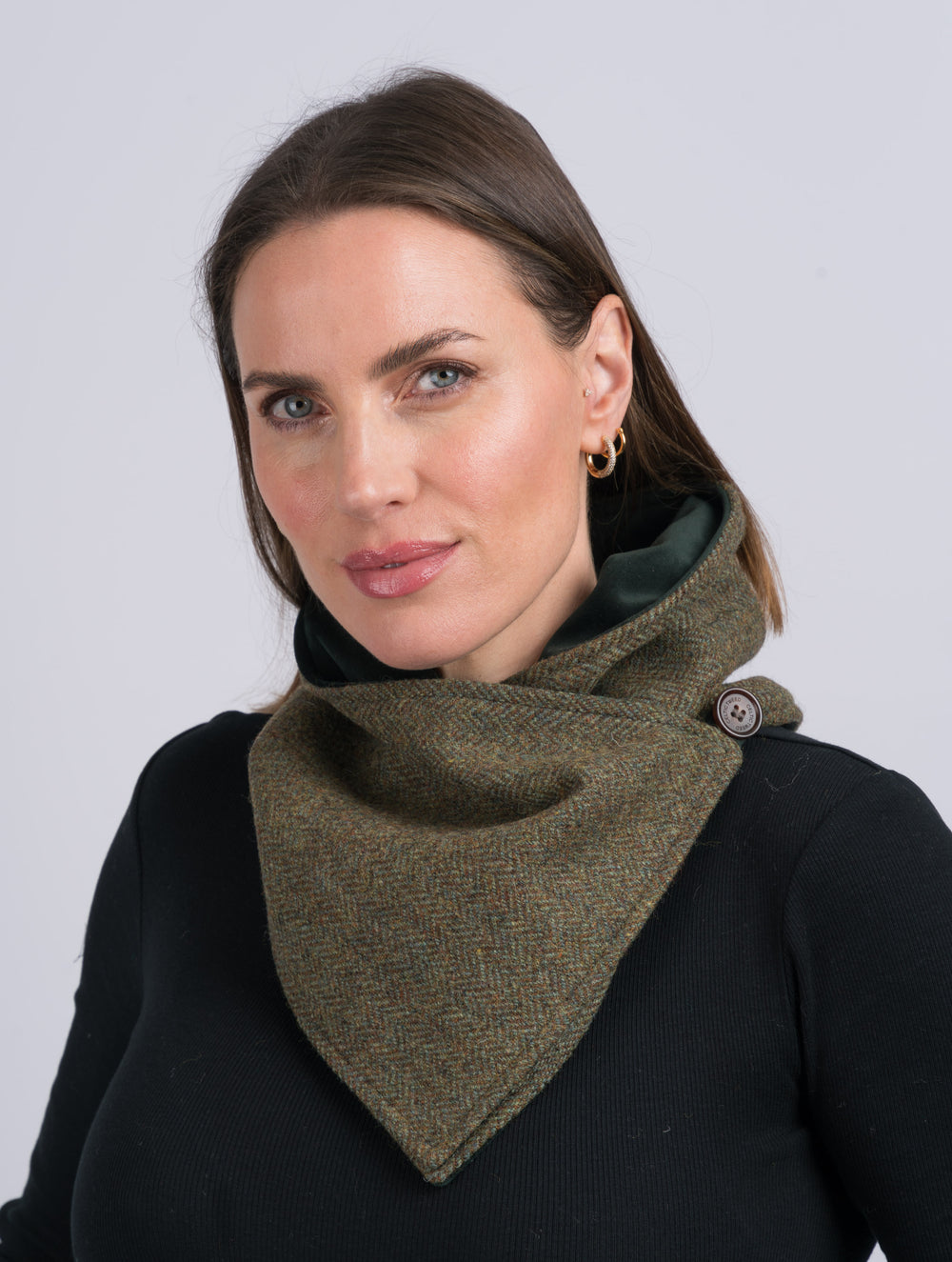 Moss Green Tweed Snood Scarf With Reversible Velvet