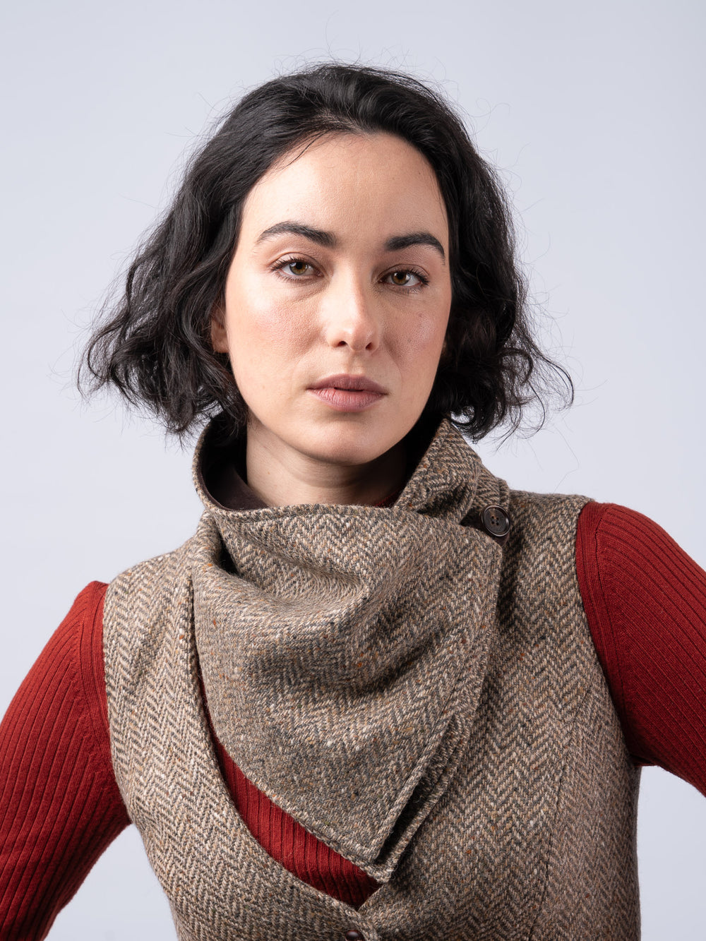 Women's Oak Brown Herringbone Tweed Snood Scarf with Reversible Velvet