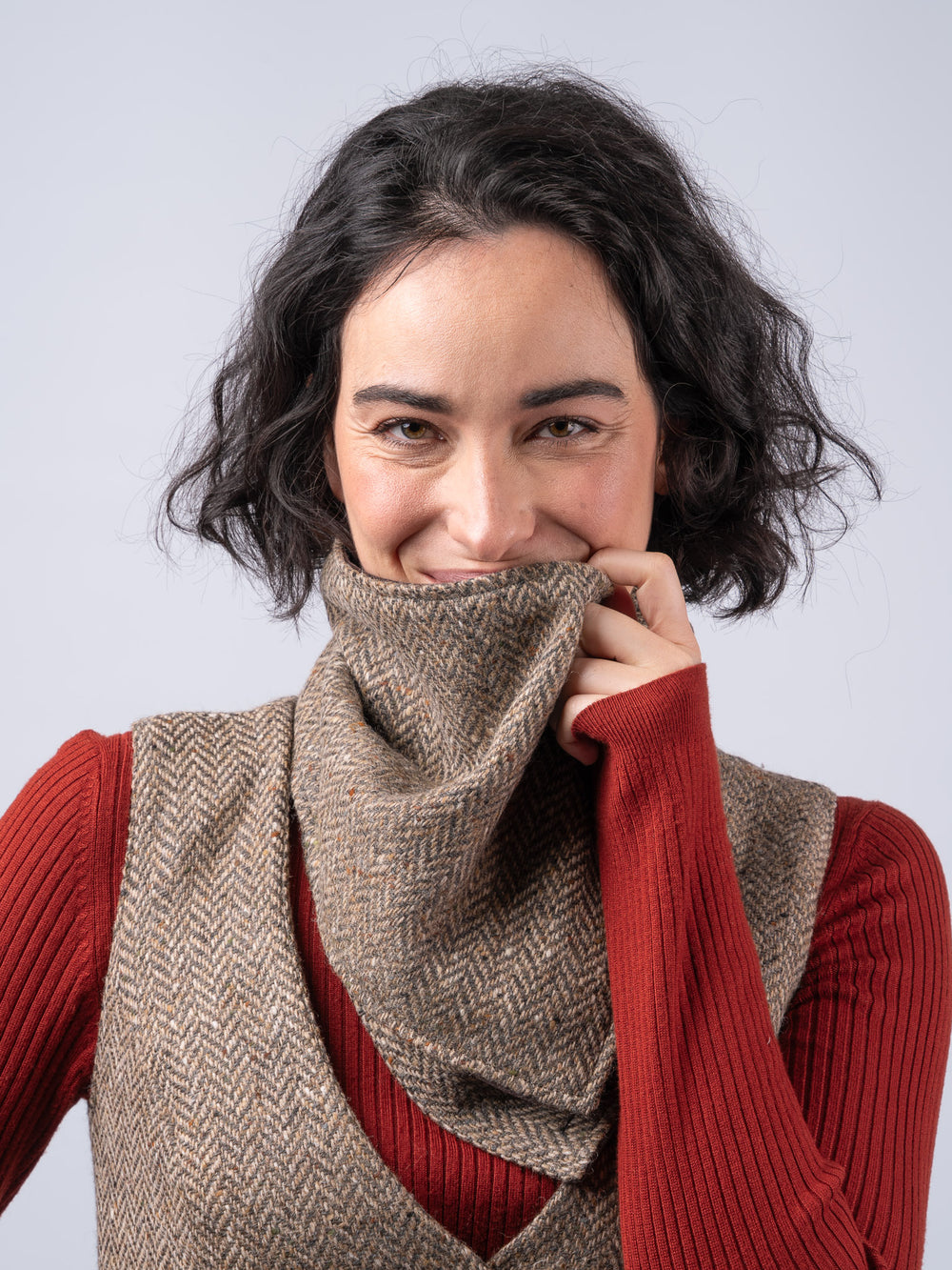Women's Oak Brown Herringbone Tweed Snood Scarf with Reversible Velvet